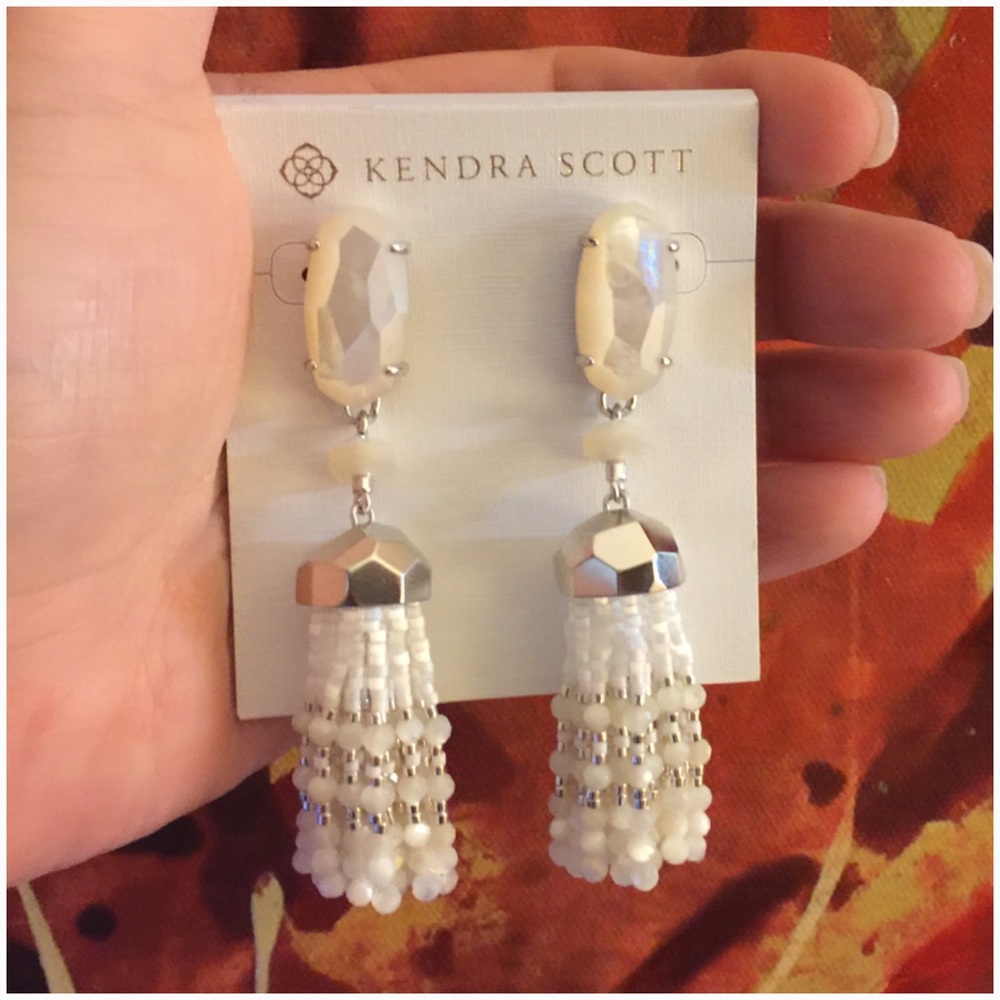 Dove Earrings Beaded Tassel in White & Silver